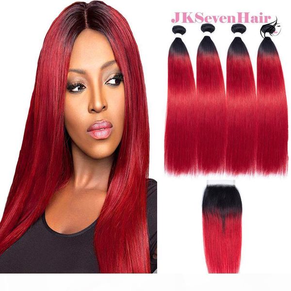 

dark root red straight brazilian virgin hair bundles 4pcs with 4x4 inch lace closure 1b red peruvian malaysian indian hair wefts w closure, Black