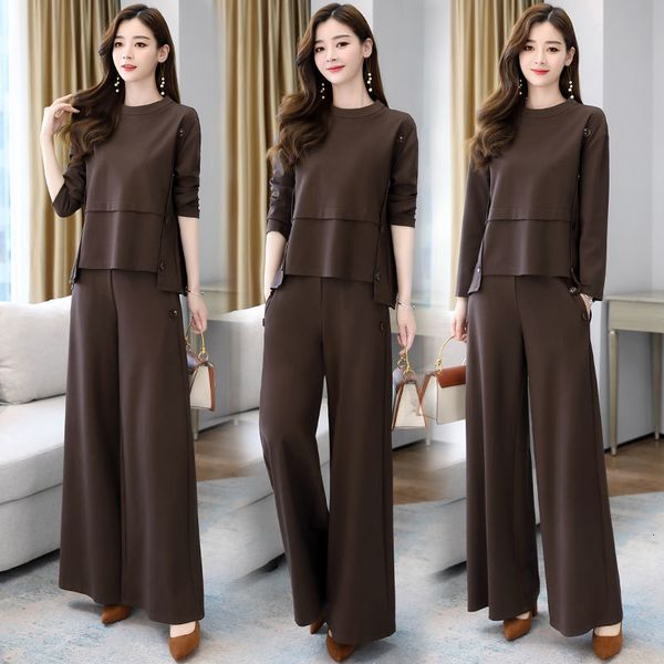 

casual plus size piece of two-piece female defines loose pants wide leg joint pantalon et haut femme suit woman h2uj, White