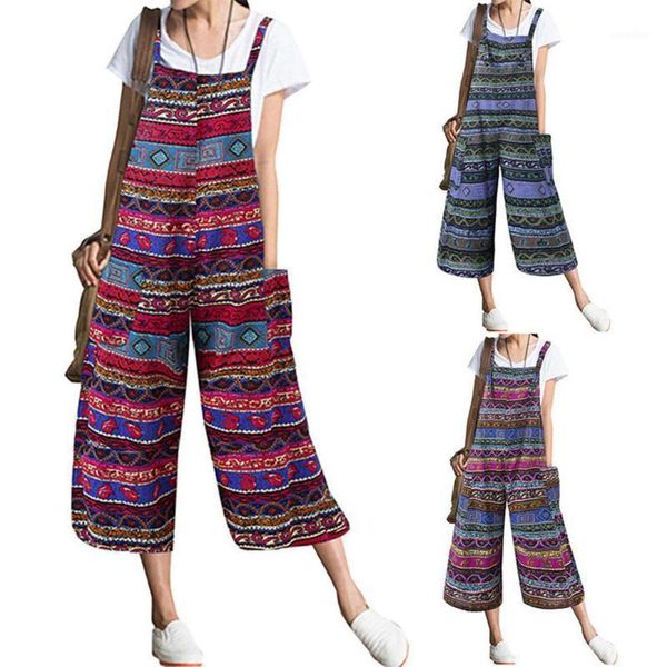 

women retro sleeveless printed pockets bib overall jumpsuit wide leg capri pants1, Black;white
