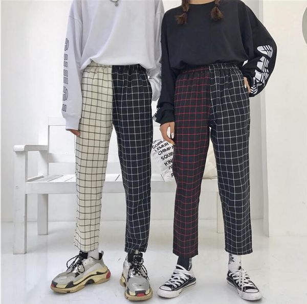 

new men and women wild self-cultivation personality stitching retro plaid casual nine pants1, Black;white