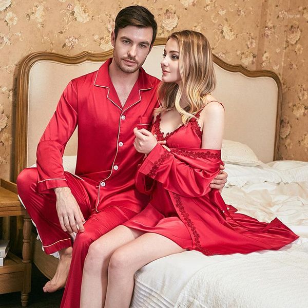 

silky sleep set pajamas bridal wedding gift 2pcs shirt&pants satin lovers pyjamas kimono robe gown home clothes nightgown1, Black;brown