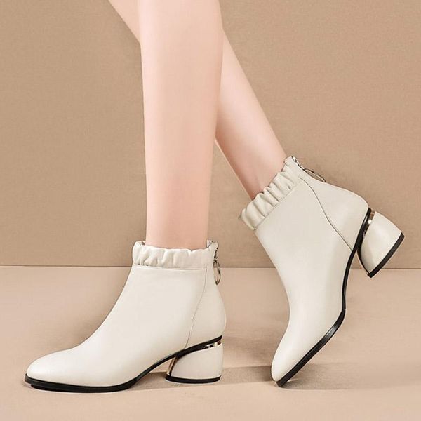 

plus size square heels women ankle boots 2020 winter begie ruffles dress shoes pointed toe booties mid heeled botas mujer 8769n, Black