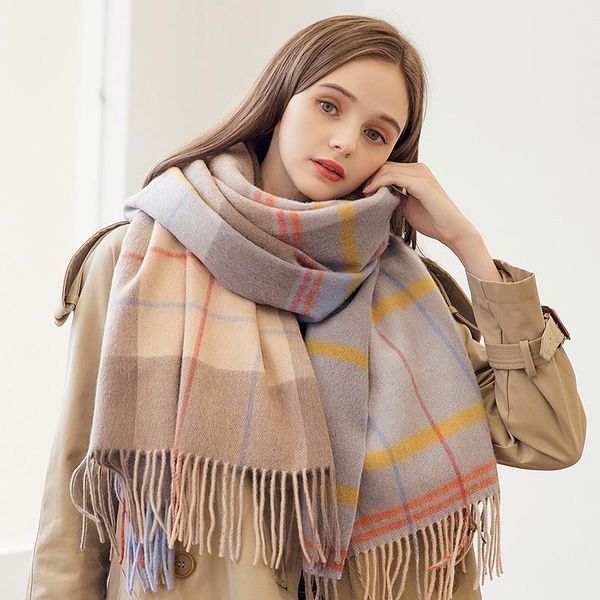 

new 2020 winter&autumn 100% wool scarves for women warm plaid tassels shawls wraps ladies long soft real wool fashion warm scarf, Blue;gray