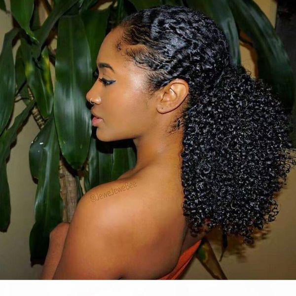 

drawstring клип хвостик человеческих волос в расширениях волос девственницы малайзийский curly natural color 1 шт 120g курчавый фигурные кон, Black