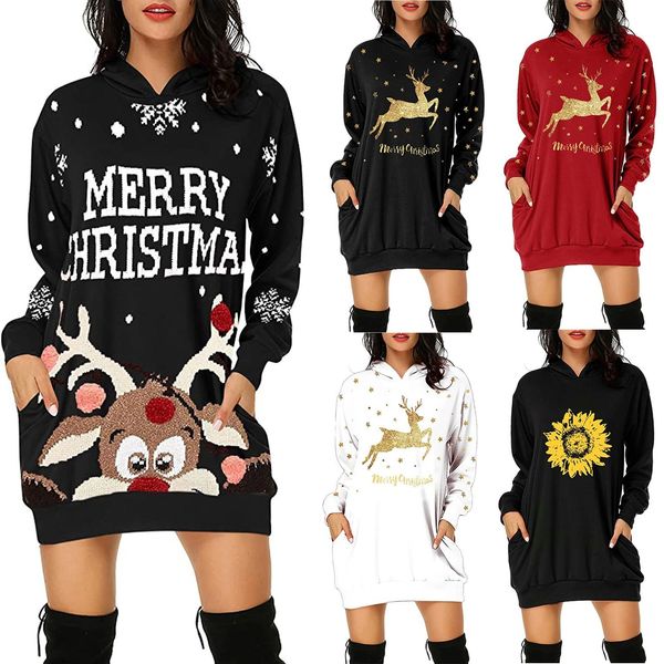 40 # Vestido de Natal Mulheres Moletom Com Capuz Bolso Bolso Bolso Impressão Hoodie Vestidos de Manga Longa Xmas Impresso Vestidos Straight Vestidos 20115