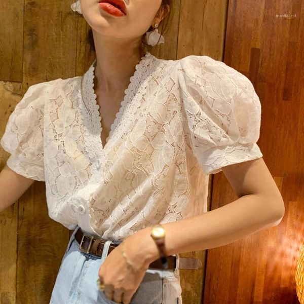 

etosell spring summer women chiffon blouse fashion sweet lace puff sleeve v-neck short sleeve shirt white female shirts1