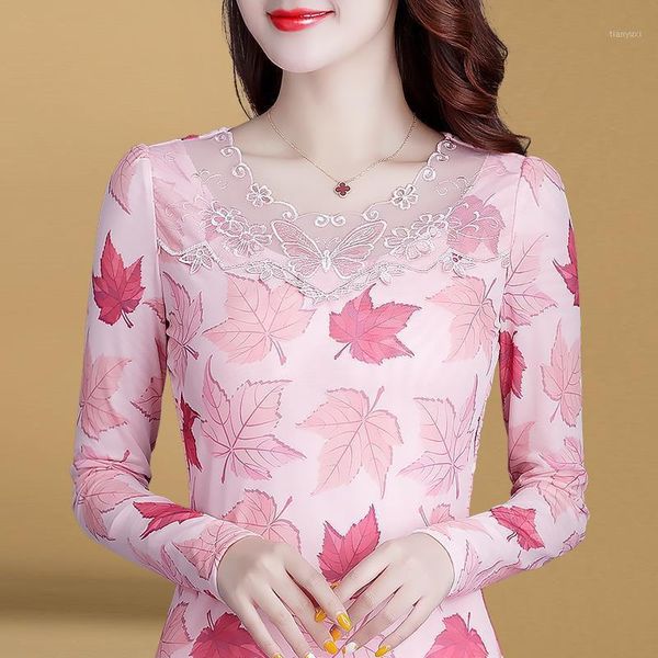 

spring autumn style women lace blouses shirts lady casual long sleeve o-neck leaf printed pink colour lace blusas dd89771, White