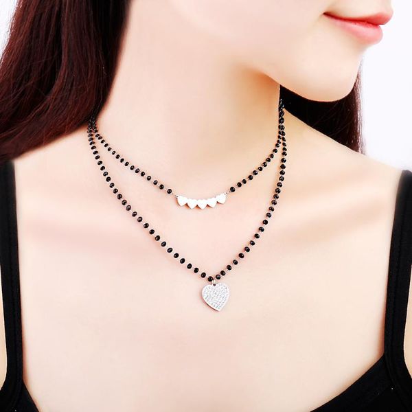 

double layered black beads chain chokers stainless steel heart pendant necklace for women bohemia jewelry elegant gift 2020 new, Silver