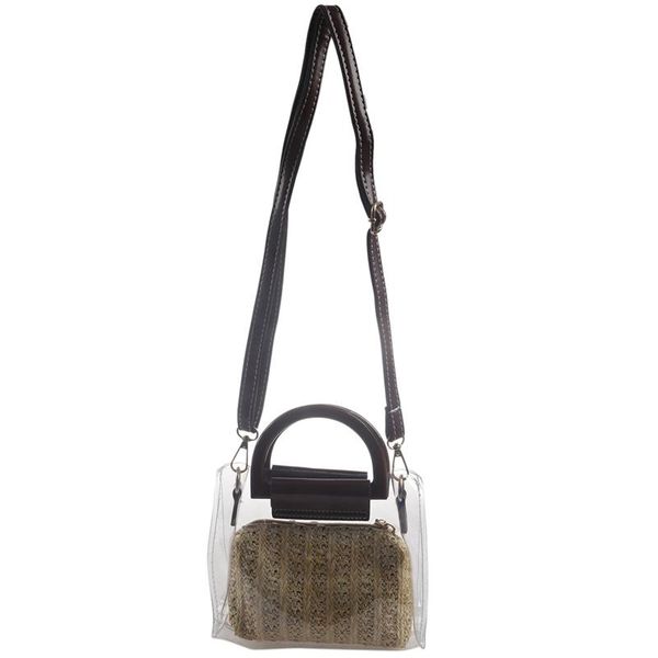 

transparent bag summer straw messenger bag two-piece female transparent handbag shoulder khaki