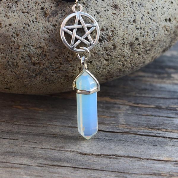 

pentagram and crystal necklace, pentacle, wiccan jewelry, pagan jewellery, opalite moonstone crystal, spiritual choker necklaces1, Silver