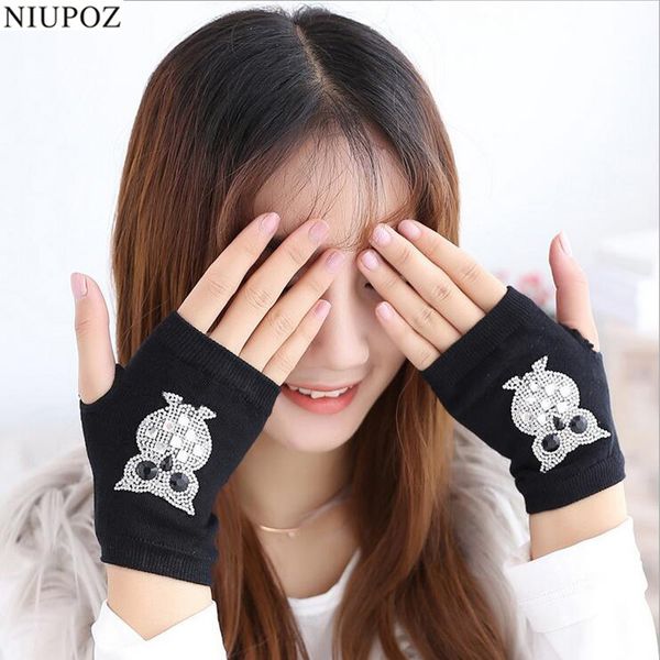 

female lovely winter warm knitted fingerless dancing women cool cartoon owl bear diamonds rivet sequins skull gloves g50, Blue;gray