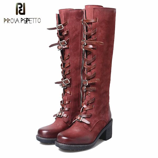 

prova perfetto genuine leather belt buckle knee high women motorcycle boots cross tied chunky heel thick bottom cool winter boot, Black