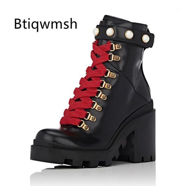 

boots 2021 black cow leather ankle women round toe pearl rivet decor lace up high heels shoes woman fashion boots1