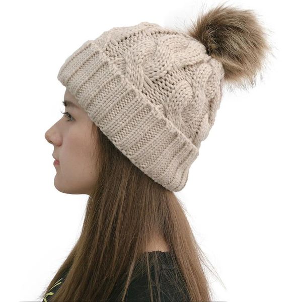 

25# women casual solid stitching outdoor plush ball hats crochet knit beanie cap hat knitted beanies cap thick female, Blue;gray