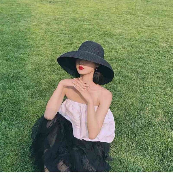 

fashion women panama wide brim sun hats vacation travel beach hat foldable solid color summer straw hat casquette femme, Blue;gray