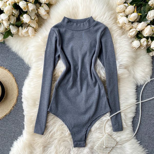

2021 new female thin elastic jumpsuit vintage neck long spring overalls fashion streetwear bodysuit zumn, Gray