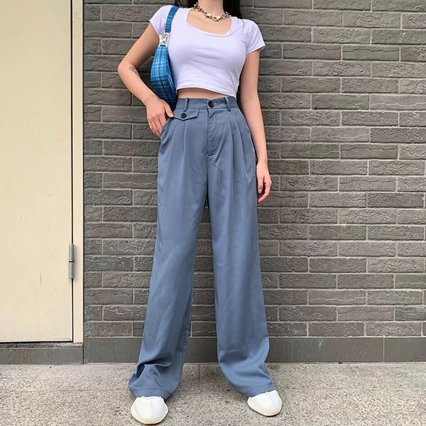 

women's fall pants, high-waist trousers, party club loose wide-leg side pocket pleated sliming suit pant, Black;white