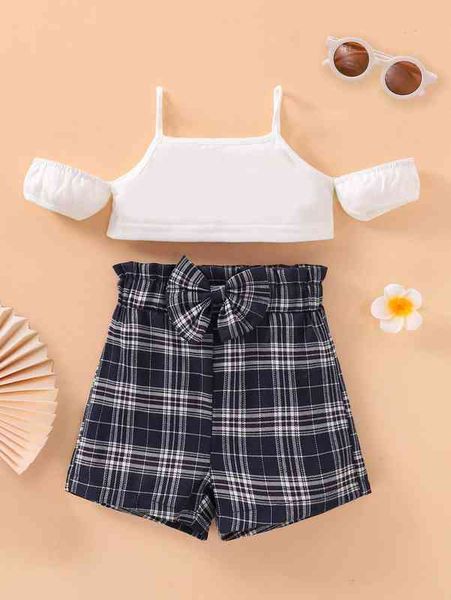 

baby solid cold shoulder & plaid bow front paper bag waist shorts she, Blue
