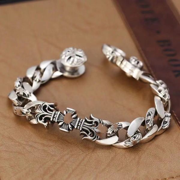 

s925 sterling silver creative flame cross bracelet thai silver men's trend personality overpowered cane flower bracelet, Golden;silver