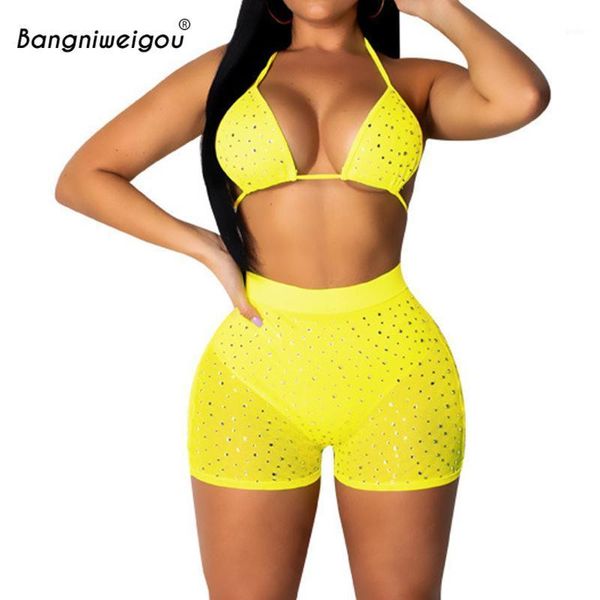 

bangniweigou sequin bra & shorts 2piece set women sparkly sequin mesh shorts set two piece beach bath suit club outfits1, Gray