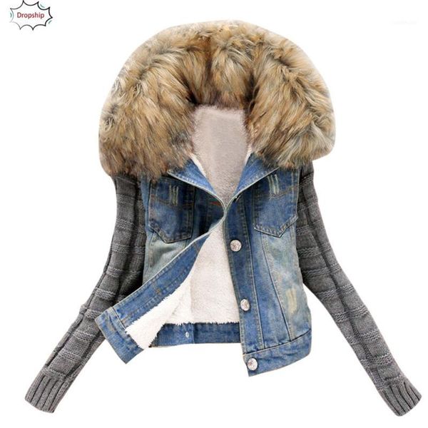 

2019 women winter warm jeans button knit sleeve cowboy denim pockets jacket coat autumn winner women's clothing 18oct221, Tan;black