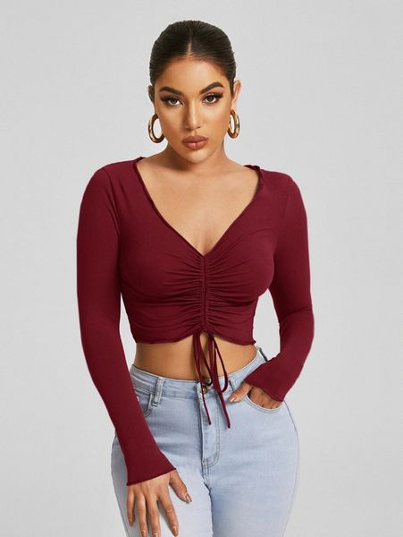 

lettuce trim drawstring ruched front crop tee p041#, White