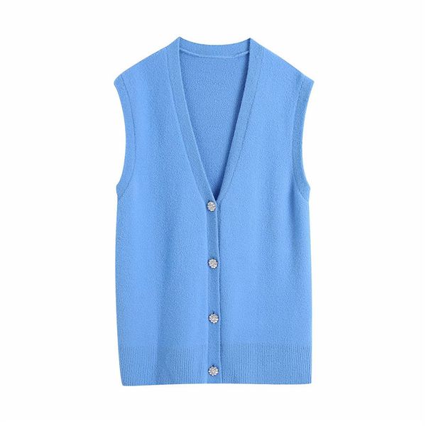 

2021 new elegant women blue knitted coats fashion ladies diamonds button vest streetwear female chic v-neck loose long cardigans smyx, White;black