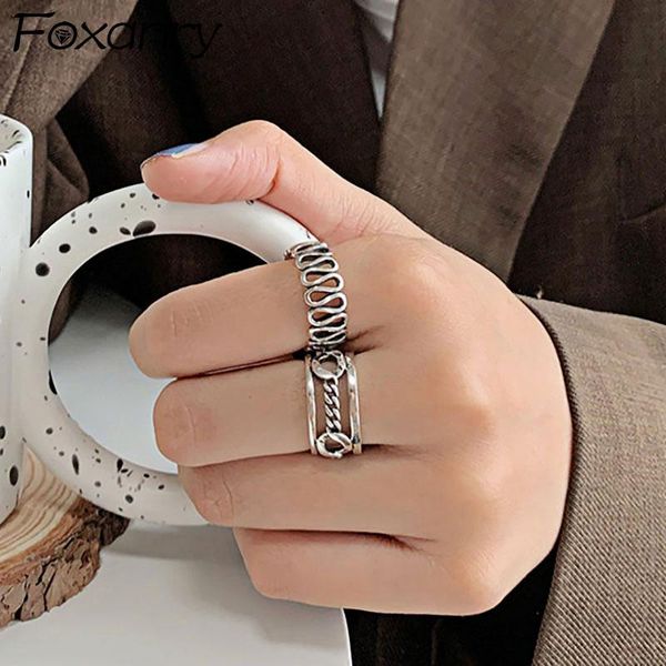 

cluster rings foxanry minimalist 925 sterling silver creative fashion hollow chain geometric party jewelry gifts for women couples, Golden;silver