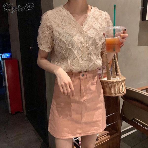 

hzirip sweet women lace summer new design fresh fashion loose brief floral casual sweet short-sleeved blouses apricot shirt1, White