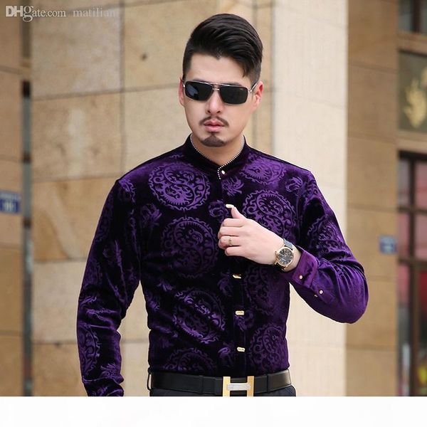 

wholesale-ismen men shirts stand collar long sleeve velvet dress shirt man business fashion chemise masculina camisa vetement homme, White;black