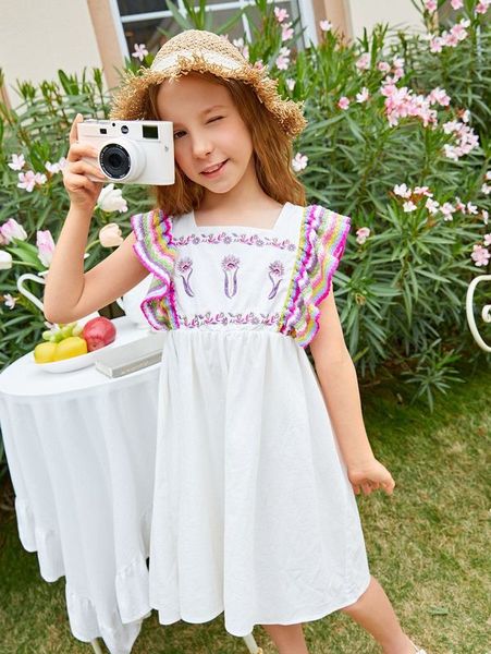 

girls floral embroidery butterfly sleeve dress she, Red;yellow