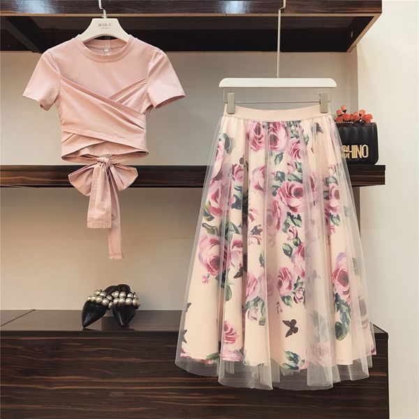 2020 sommer Elegante Rosa 2 Stück Set Frauen Süße Bowknot Unregelmäßige Crop Top Baumwolle T-Shirt + Mesh Floral Tüll lange Röcke Anzüge T200702