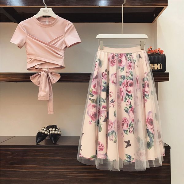 

2020 summer elegant pink 2 piece set women sweet bowknot irregular crop cotton t-shirt + mesh floral tulle long skirts suits t200702, White