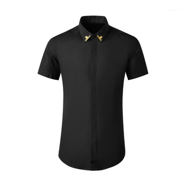 

men's casual shirts arrival fashion cotton summer short sleeve collar gold thread embroidery men plus size -3xl 4xl1, White;black