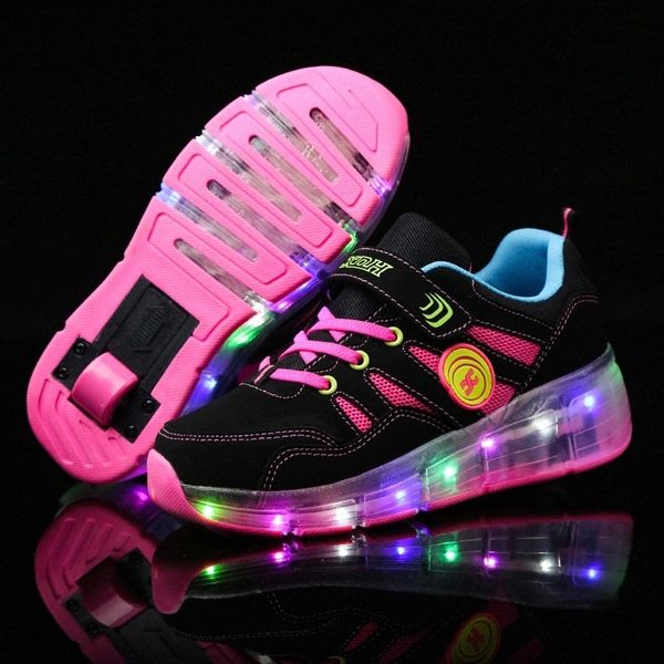 

blue pink fashion girls boys led light roller skate shoes for children kids glowing sneakers with wheels one wheels shoese #kx4h