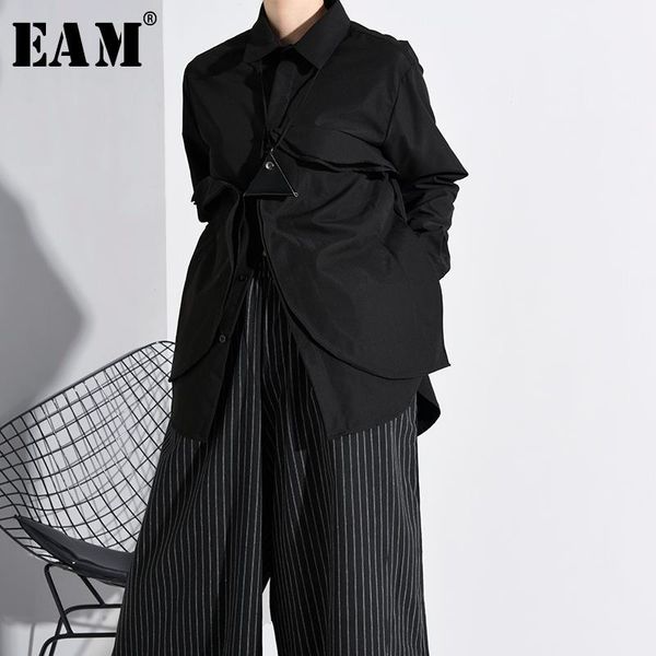

eam] women black three-dimensional split big size blouse new lapel long sleeve loose fit shirt fashion spring autumn 2020 a5541, White