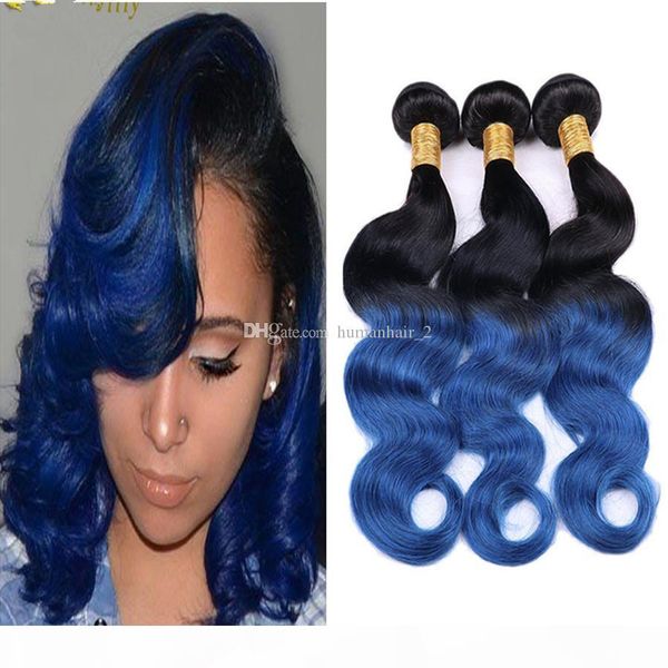 

new color ombre #1b blue body wave hair extensions two tone dark root #1b blue brazilan virgin human hair bundles 4pcs lot, Black;brown