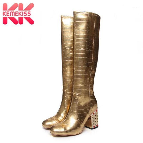 

kemekiss knee high boots for women fashion crystal heels shoes women round toe bling party club zipper mujer zapatos size 34-431, Black