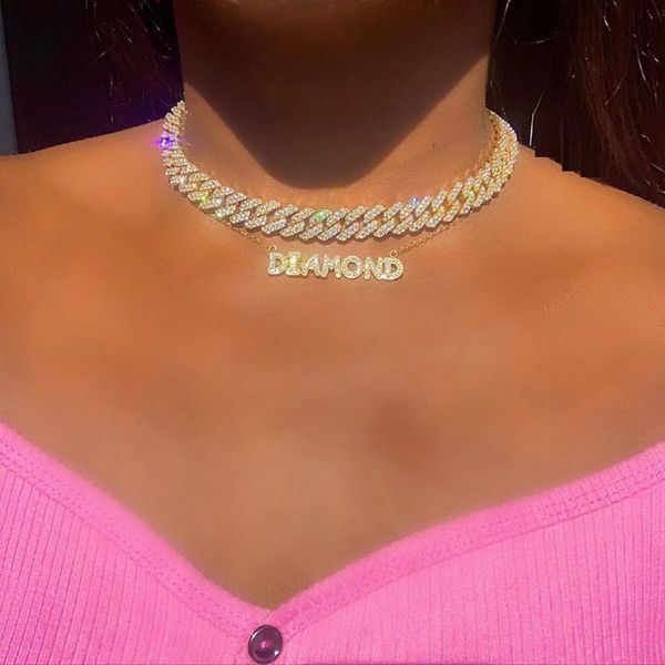 

chokers 2021 bling 12mm cuban miami link iced out 5a cubic zirconia cz heavy necklace chain punk choker charms hiphop women men jewelry, Golden;silver