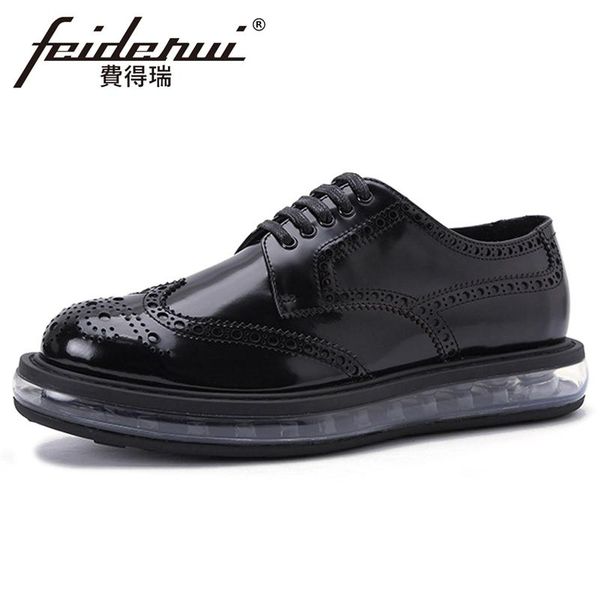

vintage genuine leather men's air cushion oxfords round toe laces flat platform brogues formal dress man derby shoes hqs471, Black