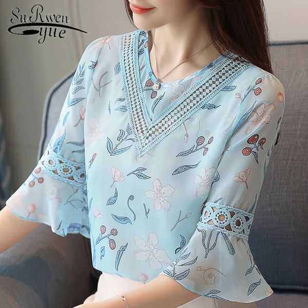 

fashion print chiffon blouse women shirt flare sleeve summer women hollow chiffon women blouses shirts blusas 0278 40 y200828, White
