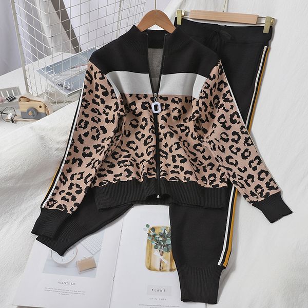 

autumn winter womens tracksuit set print leopard zip cardigan + high waist pants knitted two piece sets suit women's fashion c1103, Gray
