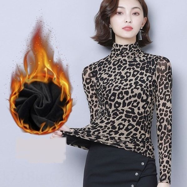 

leopard print t- high neck print mesh bottoming shirt long sleeve fall 2019 new versatile large t-shirt slim fit wa2kk, White