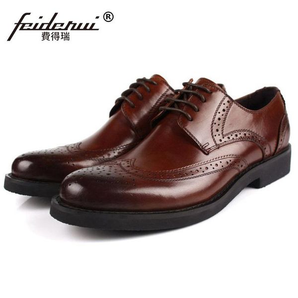 

british designer platform man formal dress shoes vintage genuine leather carved brogue oxfords round men's wing tip flats od52, Black