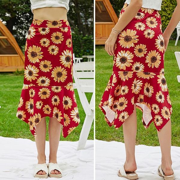 

women's sunflower print irregular slim fishtail skirt dress red kg-1071, Black
