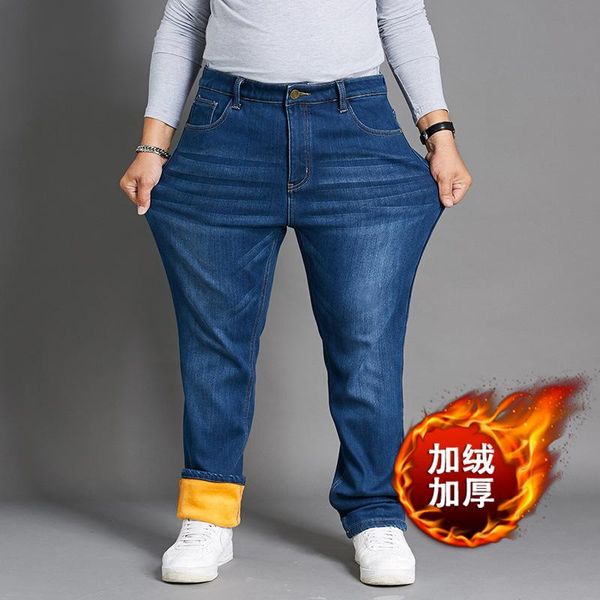 

men's jeans 2021 winter thick warm blue classic style business casual loose fit elasticity denim pants male trousers,1284