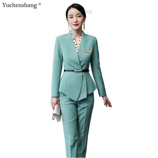 Yeşil Kadınlar Resmi Blazer ve Pantolon Suit Fırfır V Yastık Ceketler Ofis Ladies için Set Halk Hotel Röportaj Giyim1