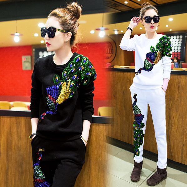 

mask women's spring clothing female casual suit peacock cashmere trousers sequins women's tracksuits 2 piece sets female 201119, White