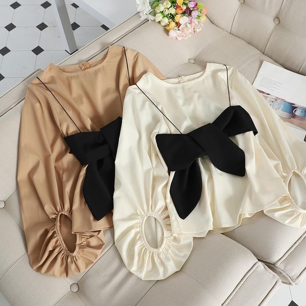 

autumn women long sleeves blouse o neck harajuku vintage tank vest solid loose streetwear female blouse, White