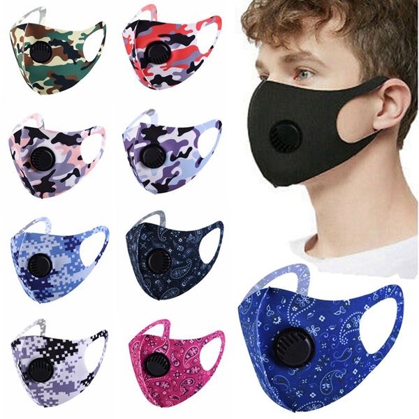 

ice silk face mask with valve anti dust masks washable reusable protective face mask black solid camo printed masks hha1482